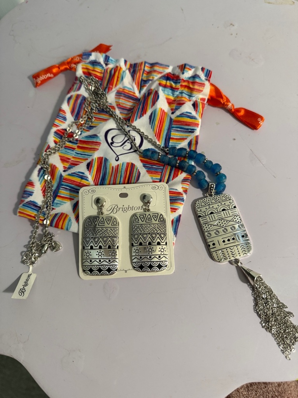 Brighton African Stories Silver-Tone Pendant Necklace/ Earrings with Blue Beads